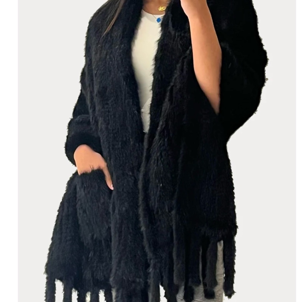 Knitted Black Mink Shawl with Fringe & Front Pockets Saks Fifth Avenue Furs